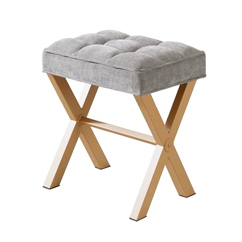 Royal Windsor Vanity Stool,Square Ottoman Stool Foot Rest,Upholstered Vanity Chair Foot Stool with Metal X Legs, Small Vanity Seat for Entryway,Bedroom and Living Room,Light Grey+Yellow - color: 12.6"d Light Grey+yellow