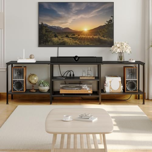 HOOBRO TV Stand with Power Outlets to 75 Inches, TV Console Table with Open Storage Shelves Cabinet, Industrial Media Entertainment Center for Living Room Bedroom, Black BB80DS01 - color: Black, size: 70.9 Inch