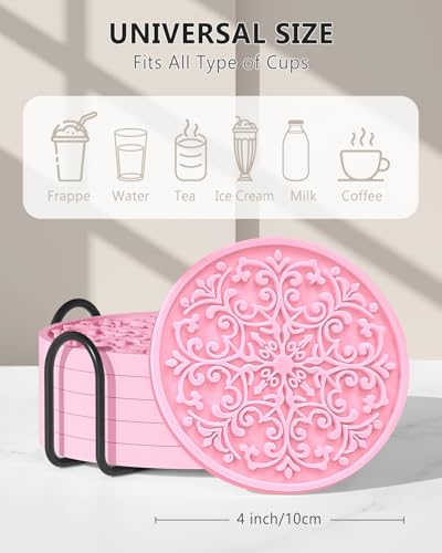 Drink Coasters, Coasters Set of 6 for Cup with Holder, Non-Slip Silicone Cup Mats for Hot and Cold Drinks, Cute Absorbent Coffee Bar Accessories Table Decor, Pink - color: Pink