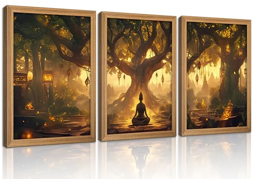 3Pcs Framed Buddha Under Bodhi Tree Canvas Wall Art，Zen Spiritual Wall Decor, Mystical Forest Lantern Poster for Living Room Bedroom Office - color: Black and gold, size: 16"L x 12"W
