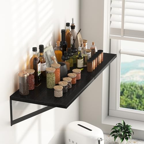 Heimlove Black Deep Floating Shelves for Wall, 16W x 12D Wood Wall Shelves Set of 2, Wide Floating Bookshelf for Living Room, Kitchen, Office, Bedroom and Decor Storage, with Metal Bracket - Black - color: Black With Black Metal Bracket, size: 16wx12dx5.8