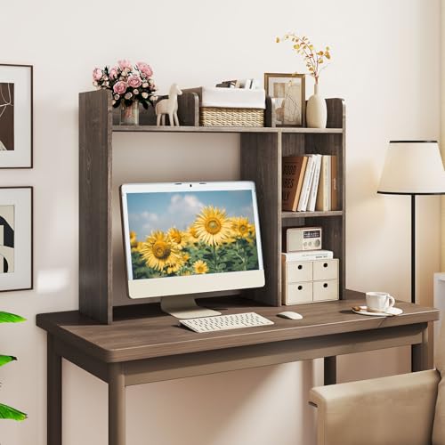 Giantex Desktop Bookshelf, Wood Desk Hutch Organizer for 27 Inch Computer Monitor, Countertop Storage Display Rack with 5 Shelves, Multipurpose Desktop Shelf Bookcase for Dorm Office Home (Grey Oak) - color: Grey Oak, size: 5 Shelves (29"H)
