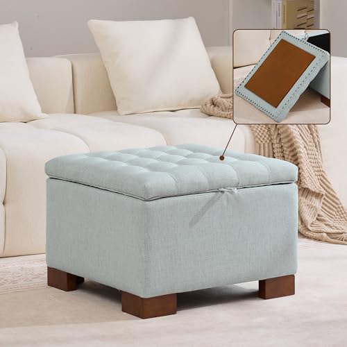 WUTUTUEE 24" Fabric Square Storage Ottoman with Wooden Tray, Modern Tufted Button Footstool Coffee Table, Upholstered Small Ottoman for Living Room, Bedroom, Blue - color: Blue, size: 24 Inch