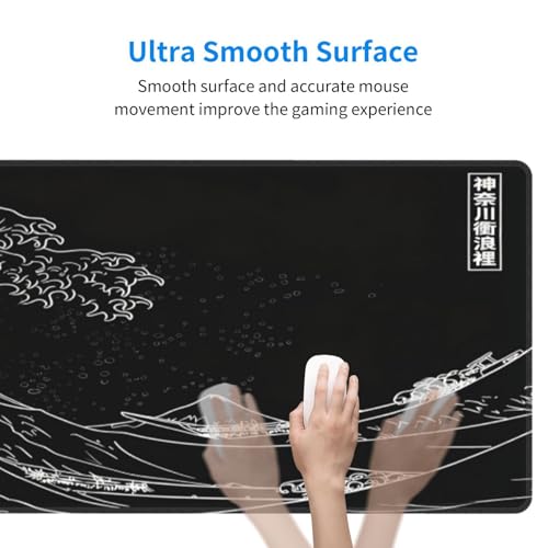 Japanese Gaming Mouse Pad Black Mouse Pad Kanagawa Large Mousepad Non-Slip Rubber Base Waterproof with Stitched Edges for Gaming Office Home, 31.5x11.8x0.12 Inch (Black Wave) - color: Kanagawa Wave, size: 31.5Lx11.8W inches