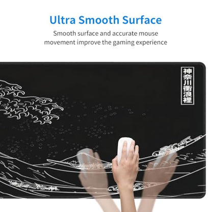 Japanese Gaming Mouse Pad Black Mouse Pad Kanagawa Large Mousepad Non-Slip Rubber Base Waterproof with Stitched Edges for Gaming Office Home, 31.5x11.8x0.12 Inch (Black Wave) - color: Kanagawa Wave, size: 31.5Lx11.8W inches