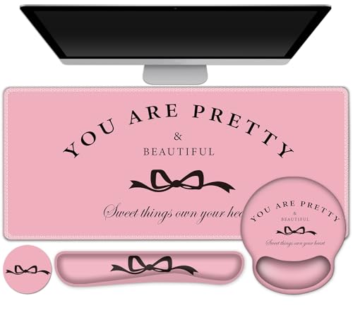 Gaming Mouse Pad, Large Desk Mat, Cute Desk Pad Protector, 4in1 XXL Mousepad + Keyboard Wrist Rest+Mouse Wrist Rest+Coaster Set with Ergonomic Desk Pad for Home Office Table Computer, Pink Pretty Bow - color: Pink Pretty Bow