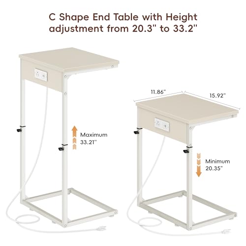 Vagusicc C Shaped End Table with Charging Station, Adjustable Height Side Table for Couch, Small Side Table, 33.2'' Tall Couch Tables that Slide Under, Tv Tray End Table for Living Room, Beige - color: Beige (1 Pack), style: With Plug