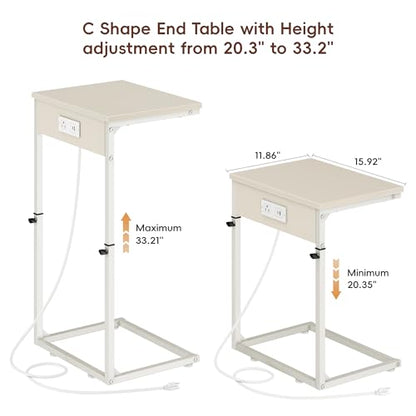 Vagusicc C Shaped End Table with Charging Station, Adjustable Height Side Table for Couch, Small Side Table, 33.2'' Tall Couch Tables that Slide Under, Tv Tray End Table for Living Room, Beige - color: Beige (1 Pack), style: With Plug