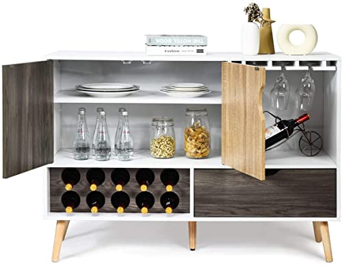LUARANE Modern Buffet Sideboard, Wooden Kitchen Cupboard with 10 Bottle Wine Rack 3-Row Glass Holder Storage Shelves Drawer, Console Table for Dinging Room Living Room, White & Wood