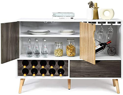 LUARANE Modern Buffet Sideboard, Wooden Kitchen Cupboard with 10 Bottle Wine Rack 3-Row Glass Holder Storage Shelves Drawer, Console Table for Dinging Room Living Room, White & Wood