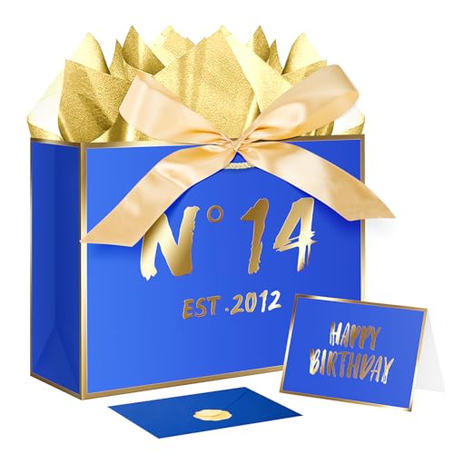 JWSCYSY 14th Blue Birthday Gift Bag with Card, Tissue Paper and Ribbon for Men Boys Birthday Party Favor, Presents Wrapping (12.6" EST 2012) - color: 14TH