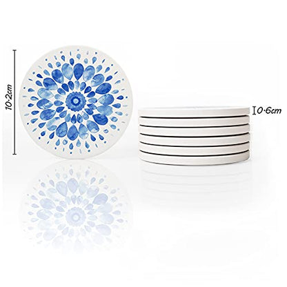 AD Set of 6 Coasters for Drinks Absorbing Round Ceramic Stone Coaster with Cork Base,Tabletop Protection Mat for Mugs and Cups,Office,Kitchen (Indigo Blue 2 with Holder) - style: Indigo Blue 2 with Holder