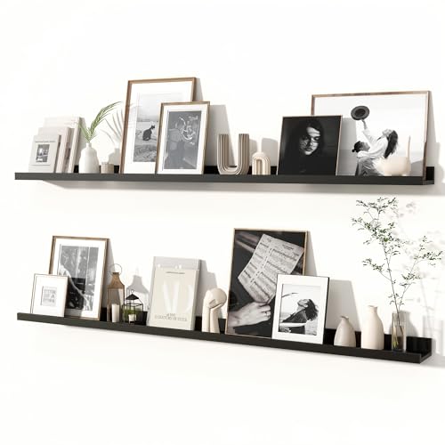 Fun Memories Picture Ledge Shelves Set of 2, 55 Inch Rustic Wall Mounted Floating Shelves with Lip for Home Storage and Décor in Bathroom, Kitchen, Nursery, Bedroom, Living Room, Black - color: Black, size: 55 inch, Set of 2