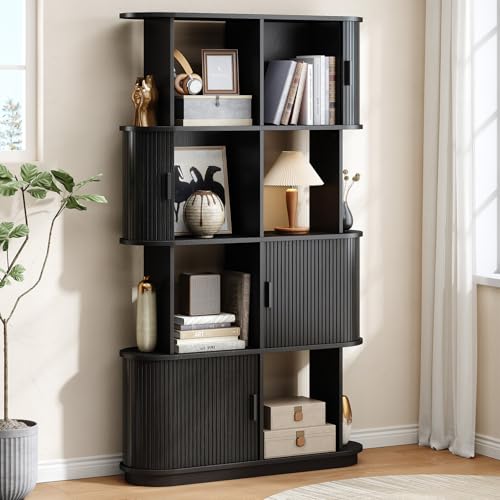 ONBRILL 71" Tall 4-Tier Bookshelf, 8-Cube Display Bookcase with Sliding Door, Mid-Century Modern Storage Organizer, Freestanding Book Shelf for Living Room, Bedroom, Home Office, Black - color: Black