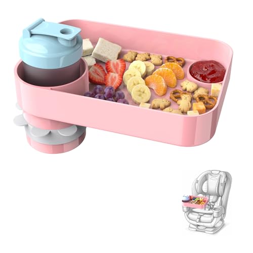 Car Seat Snack Tray for Toddlers, Reduces Mess Square Travel Tray Cup Holder Snack Tray, Durable Car Food Tray for Kids, Universal Fit Kids Travel Road Trip Essentials(Pink) - color: Pink