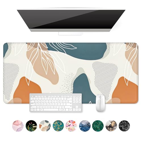 Auhoahsil Large Mouse Pad, XXL Desk Pad, Extened 35" x 15", Non-Slip Rubber Base, Stitched Edges, Superior Surface, Waterproof Keyboard Mat, Large Mousepad for Gamer, Office & Home, Desert Leaves - color: 09 Boho Abstract Leaves, size: XXL - Extended size
