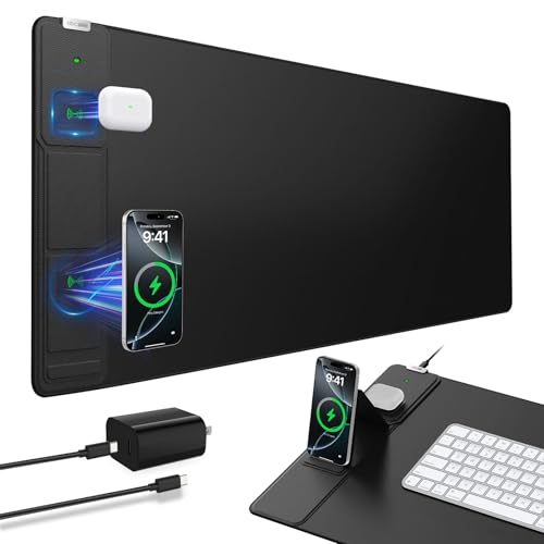 Wireless Charging Mouse Pad with Foldable Phone Holder, 31.5"x15.8" Extended Desk Mat for Laptop/Keyboard, Waterproof Ultra-Smooth Surface, Non-Slip Base & 20W PD Adapter, Black - color: Black-Phone Holder-31.5"x15.8"(with Wall Charger)