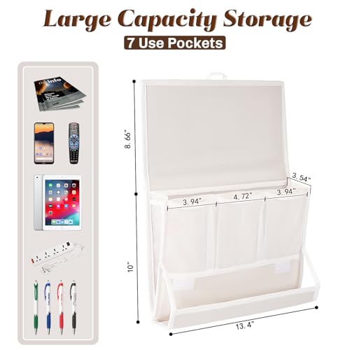 Bedside Caddy Bedside Storage Organizer Bedside Organizer with Power Strip Holder and 2 Adjustable Straps for Home Bunk Bed College Dorm Sofa (White) - color: White