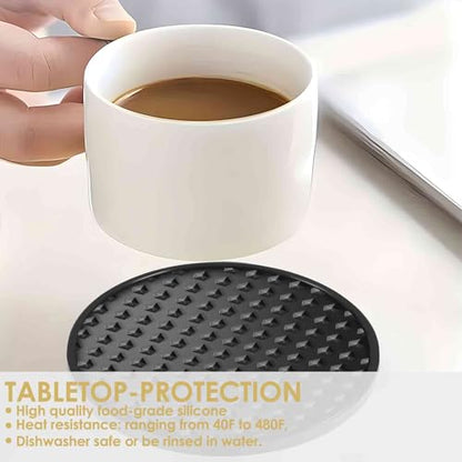 Silicone Coasters 6 Pack with Holder, Drink Coasters Set for Hot & Cold at Bar, Desk, Tabletop-Protection, Round Cup Mat Non-Slip for Any Cups, Thickened Non-Stick Deep Tray Coffee Table Decor,Black