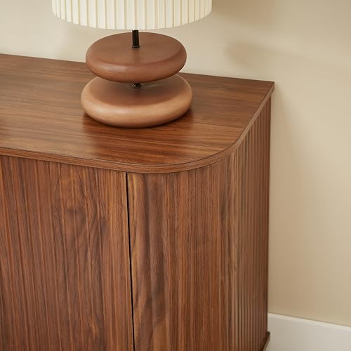 64" Modern TV Stand Sideboard Storage Cabinet, Wooden Curved TV Console with Sliding Doors, Wave Pattern Buffet Cabinet Wooden Vertical Striped Table for Kitchen/Bedroom/Entryway (Walnut) - color: Walnut