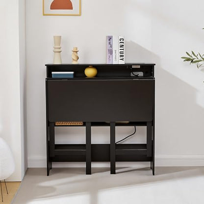 Folding Desk with Charging Station,Fold Out Desk with Monitor Stand,Storage Shelf,Small Foldable Computer Desk for Compact Home Office Spaces (Black) - color: Black