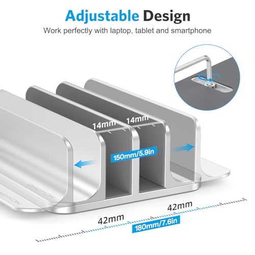 OMOTON Vertical Laptop Stand [Updated Double Version], Desktop Aluminum Mac Book Stand with Adjustable Dock Size, Fits All Mac Book, Surface, Chrome Book and Gaming Laptops (Up to 17.3 inch) (Silver) - color: Silver