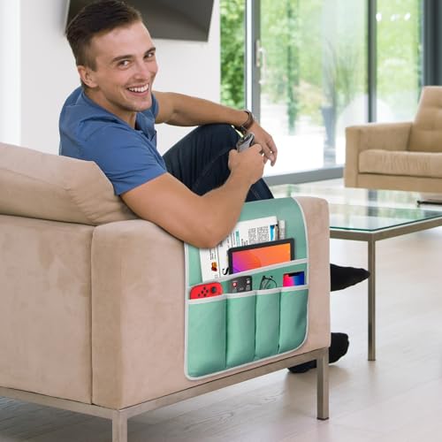 Remote Control Holder for Armchair Caddy, Couch TV Remote Holder for Bed Storage 5 Pockets，Remote Caddy Bedside Organizer Bedside Table Organizer (MintGreen, 35"x12.4") - color: MintGreen, size: 35"x12.4"