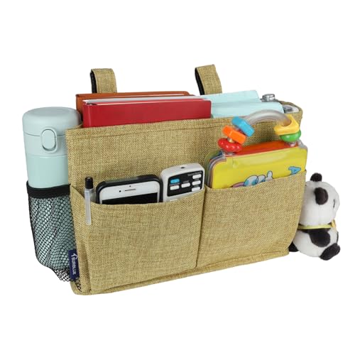 Surblue Bedside Caddy Hanging Bed Organizer Storage Bag Pocket for Bunk and Hospital Beds, College Dorm Rooms Baby Bed Rails, Camp 4 Pockets and 2 Hooks (Small,Linen) - color: Linen, size: Small