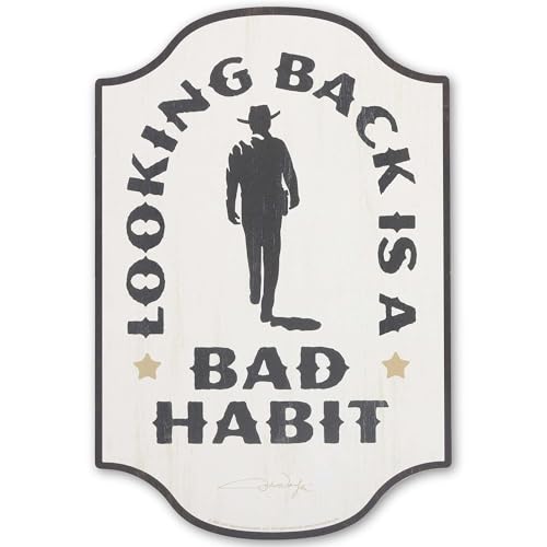 Open Road Brands John Wayne Looking Back Is a Bad Habit Wood Wall Decor - Vintage John Wayne Sign for Man Cave or Office - color: White/Black