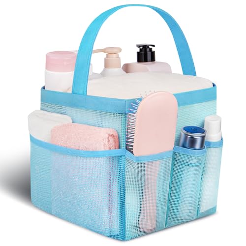 Attmu Mesh Shower Caddy Portable for College Dorm Room Camping Essentials, Shower Caddy Dorm with 9-Pockets, Large Capacity Hanging Basket Bathroom Bag for Toiletry, Swimming, Gym, Camp, Beach - color: Baby Blue