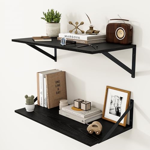 Heimlove Black Deep Floating Shelves for Wall, 24W x 12D Wood Wall Shelves Set of 2, Wide Floating Bookshelf for Living Room, Kitchen, Office, Bedroom and Decor Storage, with Metal Bracket - Black - color: Black With Black Metal Bracket, size: 24wx12dx5.8