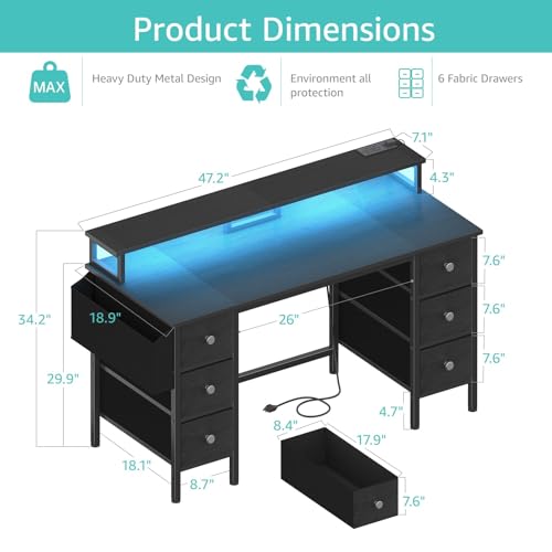 Lufeiya Gaming Desk with LED Lights and Power Outlets, 47 inch Computer Desk with Fabric Drawers & Storage Shelves, Home Office Desk with Monitor Stand, Black - color: Black