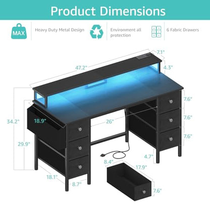 Lufeiya Gaming Desk with LED Lights and Power Outlets, 47 inch Computer Desk with Fabric Drawers & Storage Shelves, Home Office Desk with Monitor Stand, Black - color: Black