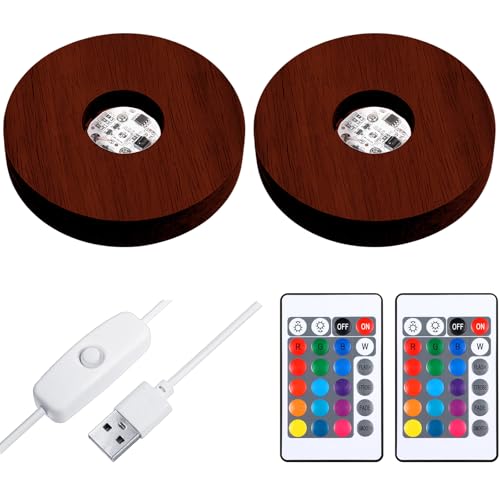 Mudder 2 Pcs Light LED Base Wood LED Display Base for Glass Art Decor Crystal Acrylic Resin, 16 Colored USB Light with Remote Wooden Round Lamp Stand for 3D Crystal Ball Room Home Decor(Walnut) - color: Walnut