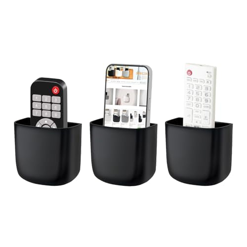 SUNFICON Wall Mount Remote Holder TV FAN Remote Control Holder Bedside Caddy Wall Organizer Phone Holder for Office Adhesive Media Player Controller Holder Box Tray Home Desk Nightstand Black 3PACK - color: 3PACK BLACK