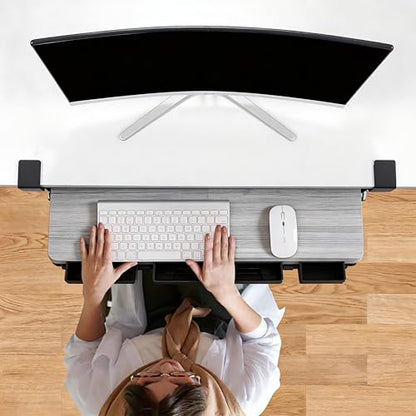 Keyboard Tray Under Desk with Drawer,26.77" X 11.81" Keyboard Tray Large Size with C Clamp-on Mount, Easy to Install, Save Space for Office Desk (Grey) - color: Grey