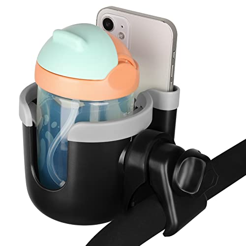 Accmor Stroller Cup Holder with Phone Holder, Bike Cup Holder, Universal Cup Holder for Uppababy Nuna Doona Strollers, 2-in-1 Cup Holder for Walker, Wheelchair, Scooter - color: Mix Grey