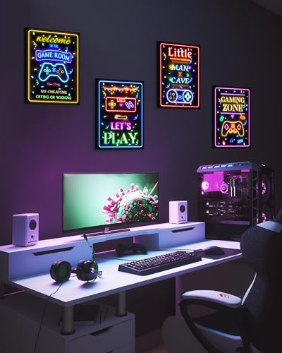 Video Game Decor for Teen Boys Gaming Wall Neon Sign Gamer Room Welcome Little Man Cave Teenage Bedroom Posters Decor Ready to Hang Set of 4, 12x16in (Framed) - size: 16L" x 12W" x 4 Panels