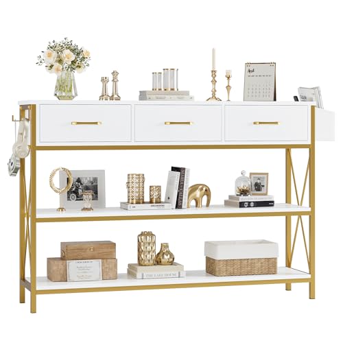 HITHOS 47.2" Console Table with 3 Drawers, Narrow Long Entryway Table with 3-Tier Storage Shelves, Industrial Sofa Foyer Table for Living Room, Hallway, Entry Way, Foyer, Kitchen, White/Gold - size: 47.2"