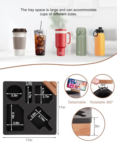 Couch Cup Holder Tray, Silicone Acacia Wooden Couch Caddy with Cup Holder for Snacks, Drinks, Remotes, Waterproof Cup Holder for Couch, Organizer, Movie Night Snack Trays - color: Black