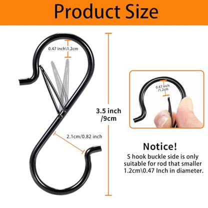 12 PCS S Hooks for Hanging with Safety Buckle | 3.5 inch Heavy Duty Metal S Shaped Hooks for Kitchen Utensil, Cups, Pots, Plants, Bags, Hats (Black) - color: Black