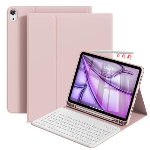 Case with Keyboard for iPad Air 11 Inch M4/M3/M2, Pink | for iPad Air 5th/4th Generation 10.9 Inch, Magnetic Detachable Bluetooth Keyboard Cover with Pencil Holder, Auto Sleep/Wake - color: Pink