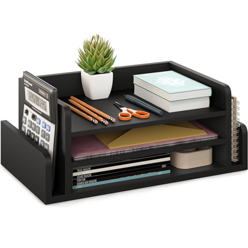 Ballucci 3-Tier Desk Organizer with 2 Side Mail Sorter Slots, Wood Letter Tray, Open Top Paper Organizer, Desktop File Organizer, Black - color: Black