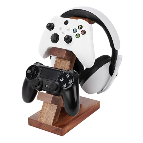 GEEKRIA Solid Wood Dual Gamepad and Headphone Stand, Controller Storage Holder for PS4, PS5, Xbox, Switch, 8BitDo, Universal Desk Game Accessories - color: Brown