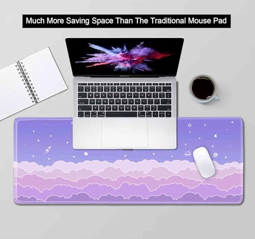 Cute Pastel Purple Desk Mat, Minimalist Large Gaming Mouse Pad Mousepad for Laplop, Kawaii Anime Desk Pad, Gradient Clouds Computer Pads, Aesthetic Stars Moon Deskpad, 31.5 X 11.8 Inch - color: Purple Clouds