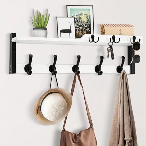 dreampossible 4 in 1 Coat Rack Wall Mount with Shelf, Coat Hooks 25.2" Entryway Coat Hanger with Key Hooks and Mail Holder, Wall Hooks with Shelf, Hat Rack for Wall Key Holder Mail Organizer - color: White