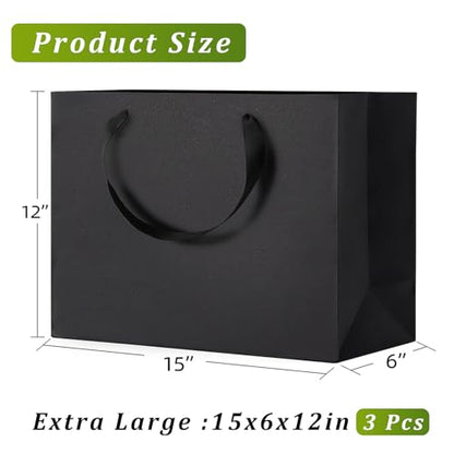 GEGIBOA Extra Large Gift Bags With Handles, 15x6x12 Inch Sturdy Kraft Paper Large Gift Bags, Bulk for Wedding, Party, Birthday, Easter, Fathers Day, Business and Shopping (Black-XL-3-pcs) - size: Black-XL-3-pcs
