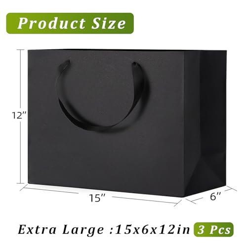 GEGIBOA Extra Large Gift Bags With Handles, 15x6x12 Inch Sturdy Kraft Paper Large Gift Bags, Bulk for Wedding, Party, Birthday, Easter, Fathers Day, Business and Shopping (Black-XL-3-pcs) - size: Black-XL-3-pcs