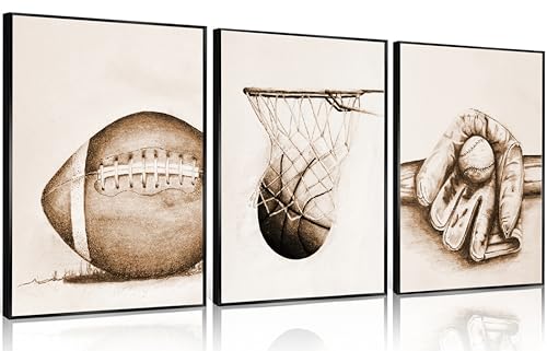 3Pcs Sports Wall Art Football Baseball Basketball Theme Painting Picture Wall Decor Vintage Sport Poster Print Artwork for Boy Room Playroom Bedroom Gameroom Home Decoration【UNFRAMED】 - color: Vintage Ball, size: 12" × 16" Poster