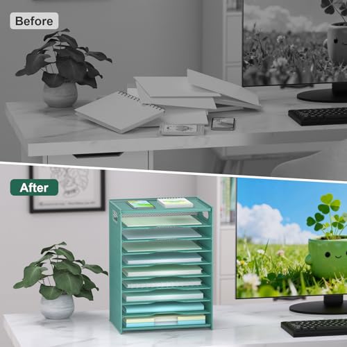 OUTWOLF 10 Tier Paper Organizer - Letter Tray Mesh Desk File Organizer with Handles for Office School Desktop, Green - color: Green